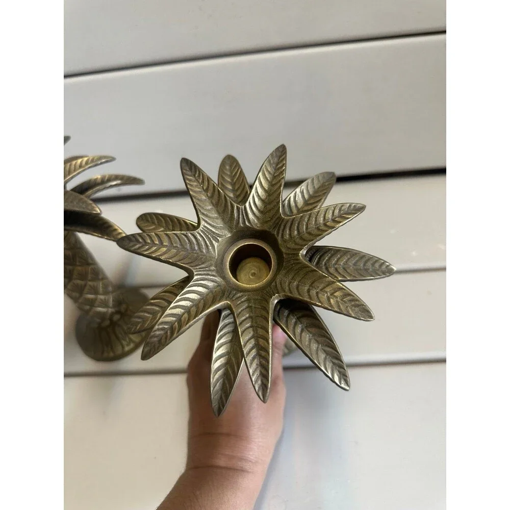 Vintage Engraved Brass Mid Century Palm Tree Taper Candle Holders Set